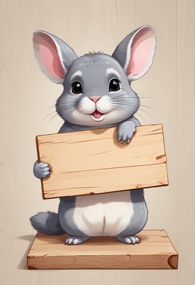 Smiling chinchilla holding wooden sign