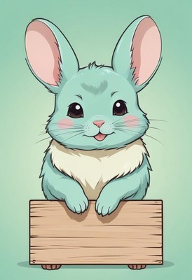 Cute blue bunny holding wooden sign