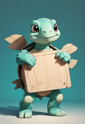 Cute turtle holding wooden sign
