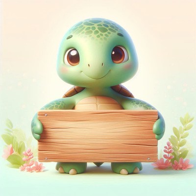 Smiling turtle holding wooden sign