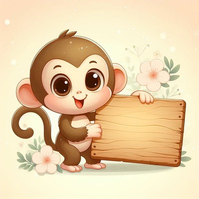 Cute monkey holding wooden sign