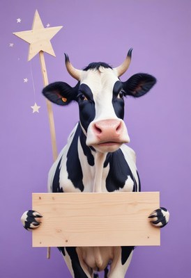 Cow holding sign with star wand