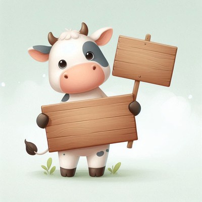 Cute cow holding wooden signs