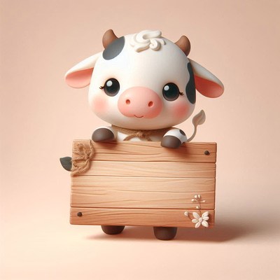 Cute cow holding wooden sign