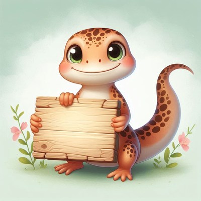 Smiling gecko holding wooden sign