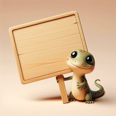 Smiling gecko holding wooden sign
