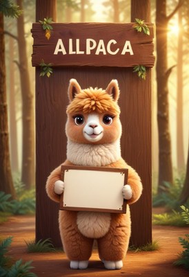 Alpaca holding blank sign in forest
