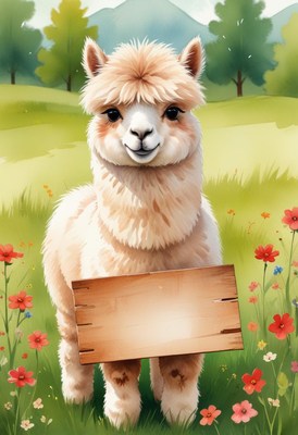 Alpaca holding a sign in a field