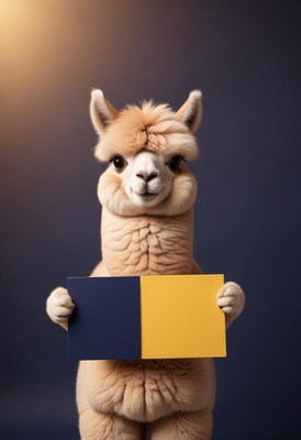 Alpaca holding blue and yellow sign