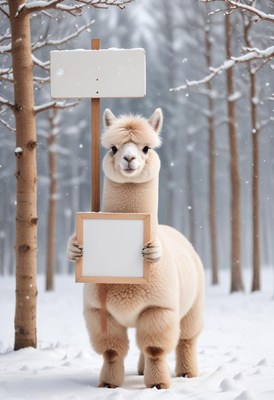 Alpaca holding sign in snowy forest