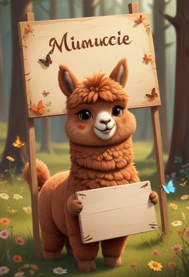 Alpaca holding blank sign in forest