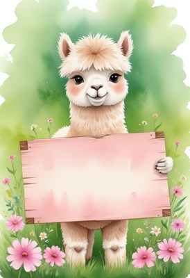 Alpaca holding blank sign in meadow
