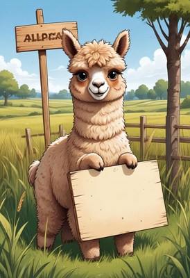 Alpaca holding blank sign in field
