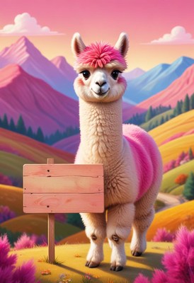 Pink alpaca with sign in mountain landscape