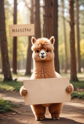 Alpaca holding blank sign in forest