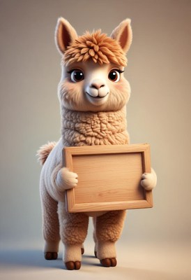 Cute alpaca holding a sign