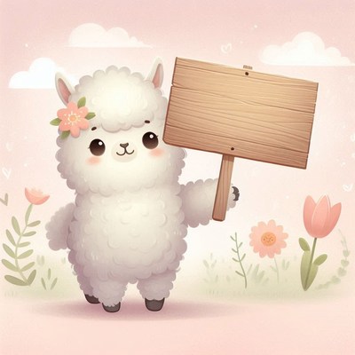 Cute alpaca holding sign