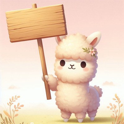 Cute alpaca holding a wooden sign