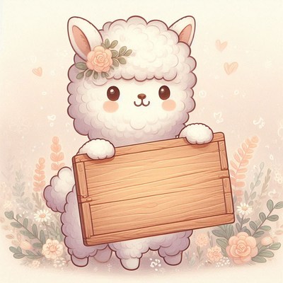 Cute alpaca holding wooden sign