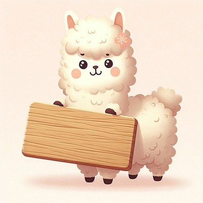 Cute alpaca holding wooden sign