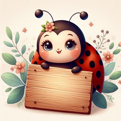 Cute ladybug holding wooden sign