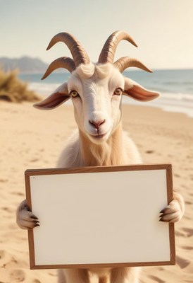 Goat holding blank sign on beach