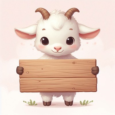 Cute goat holding wooden sign
