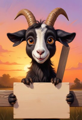 Smiling goat holding sign at sunset