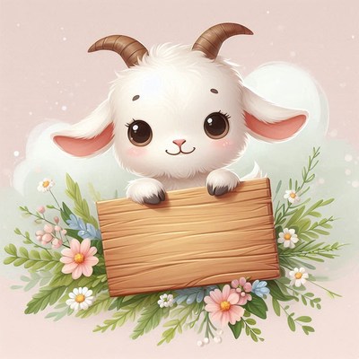 Cute goat holding wooden sign