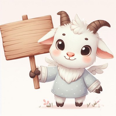 Cute goat holding wooden sign