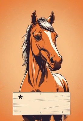 Brown horse holding wooden sign