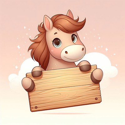 Cute cartoon horse holding wooden sign