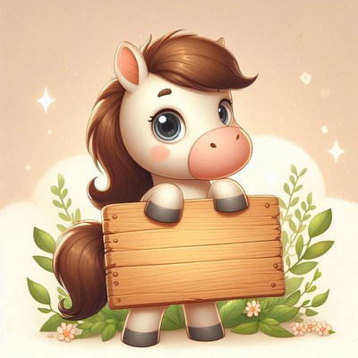 Cute pony holding wooden sign