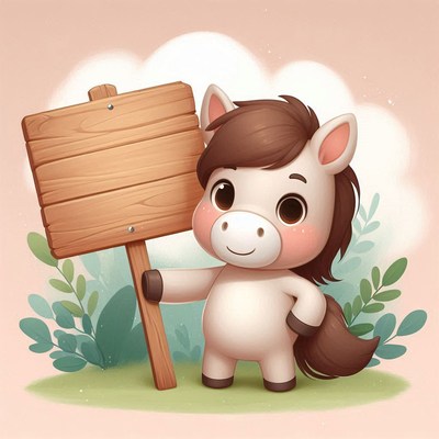 Cute horse holding wooden sign