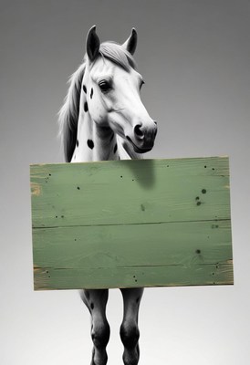 Spotted horse holding green sign