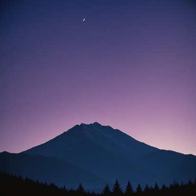 Mountain silhouette under a crescent moon