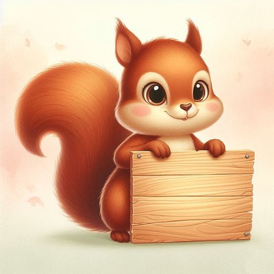 Cute squirrel holding wooden sign