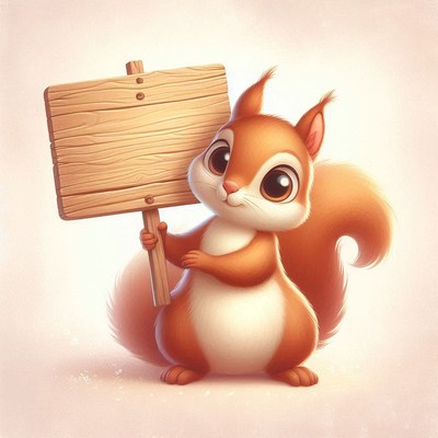 Cute squirrel holding wooden sign