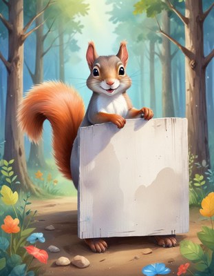 Squirrel holding blank sign in forest