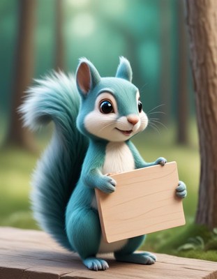 Blue squirrel holding sign in forest