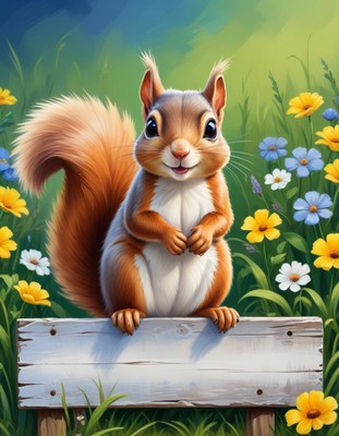 Squirrel on a wooden sign