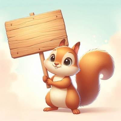 Cute squirrel holding wooden sign
