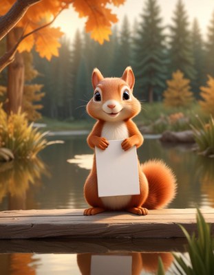 Squirrel holding blank sign by pond