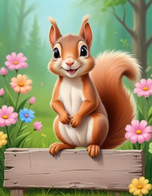 Squirrel standing on a wooden sign