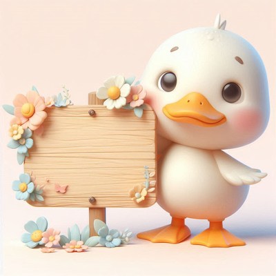 Duckling holding wooden sign with flowers