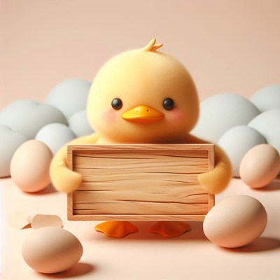 Duckling holding sign with eggs