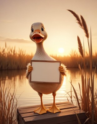 Duck holding a sign at sunset