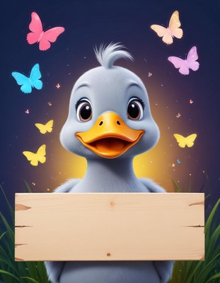 Cute duckling holding sign with butterflies