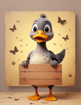 Duck holding wooden sign