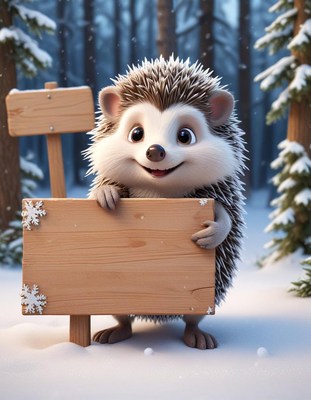Hedgehog holding sign in winter forest